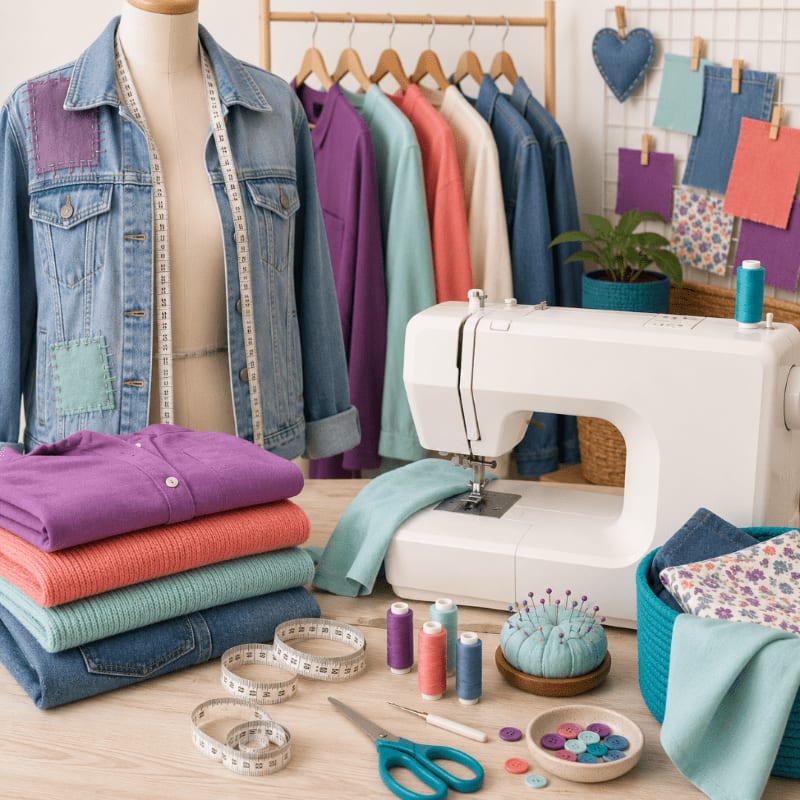 A mannequin displays a denim jacket in the foreground, while a sewing machine and colorful garments hang in the background.