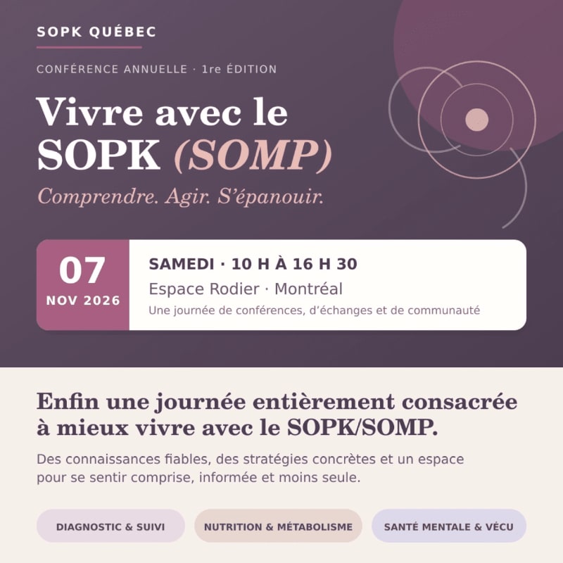 A purple and white poster advertises an annual conference in Quebec about living with SOPK, featuring event details in the foreground and abstract circular graphics in the background.
