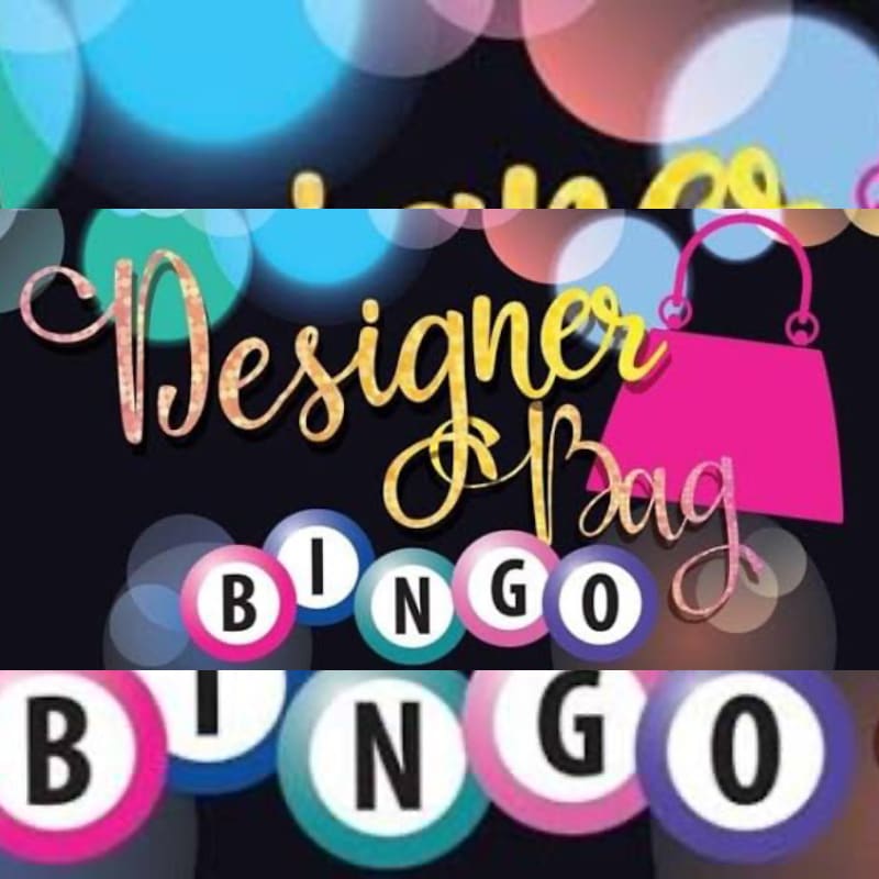 In the foreground, colorful bingo balls spell out "BINGO," while the background features the words "Designer Bag" in elegant script against a bokeh of lights.
