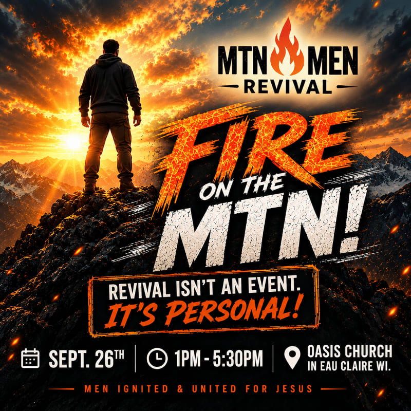A man stands on a mountain peak against a fiery sunset, with the event title "FIRE ON THE MTN!" prominently displayed.