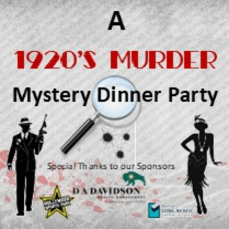 Silhouetted figures of a man with a gun and a flapper woman stand on a blood-splattered foreground beneath the title "A 1920's MURDER Mystery Dinner Party" with a magnifying glass and bullet holes, against a textured grey background.