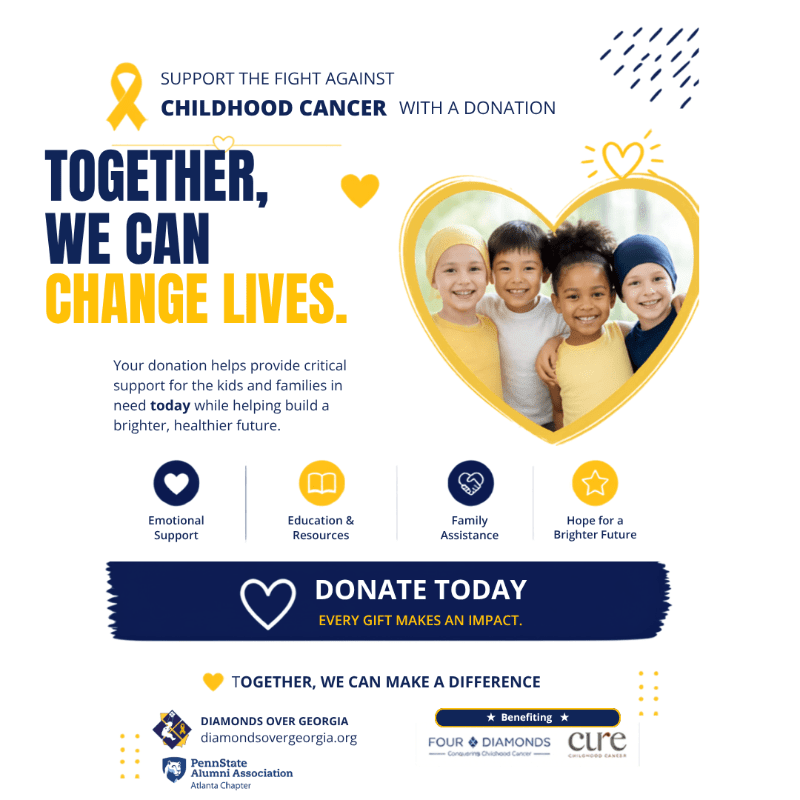 Four smiling children are pictured within a heart-shaped frame in the foreground, while the background features text promoting donations for childhood cancer research and support.
