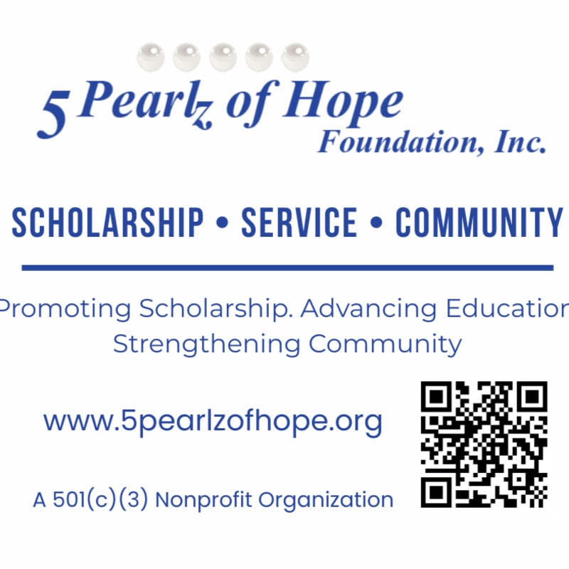 Five pearls are displayed above the text "5 Pearlz of Hope Foundation, Inc." and the words "SCHOLARSHIP • SERVICE • COMMUNITY" are centered below, with a QR code on the right side of the background.
