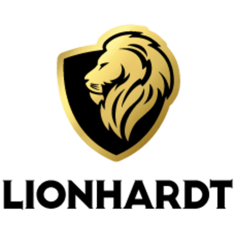 A golden lion's head is emblazoned on a black shield with a gold border in the foreground, set against a plain white background with the word "LIONHARDT" in bold black letters below.