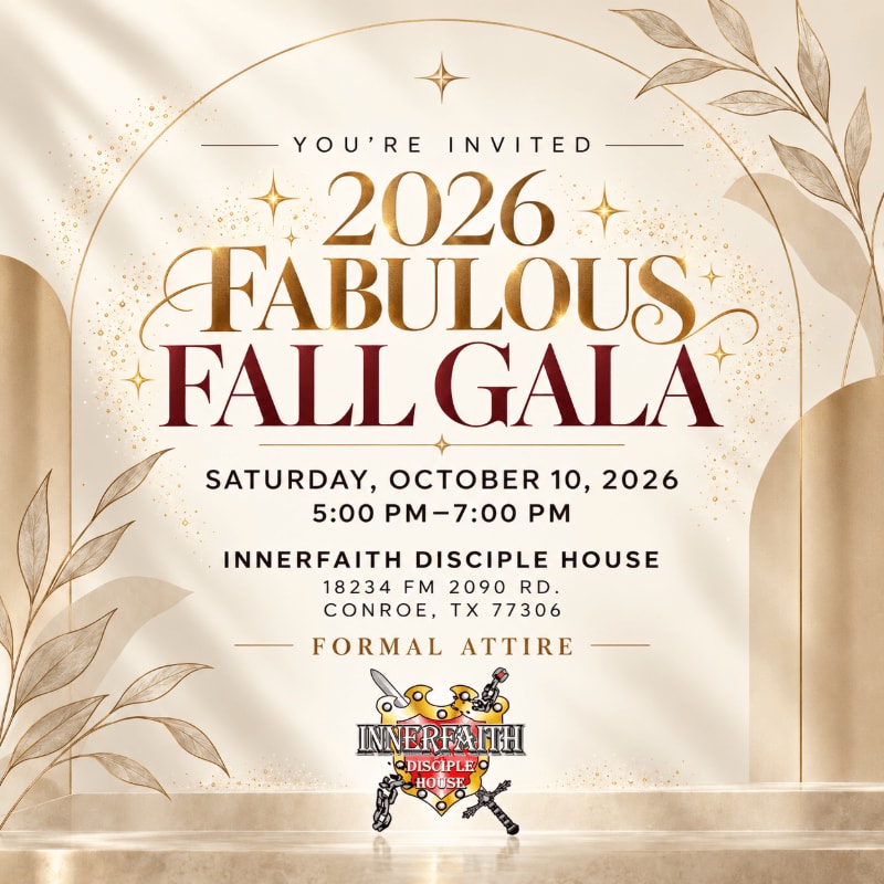 A formal invitation for the 2026 Fabulous Fall Gala is displayed against a background of elegant gold arches and botanical elements.