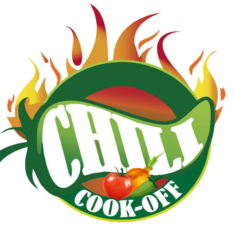 A stylized chili pepper with flames in the background frames the words "CHILLI COOK-OFF" in the foreground, with a tomato and onion nestled below.