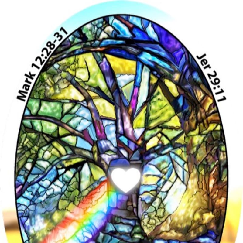 A vibrant stained-glass tree with a glowing heart at its center stands against a colorful, abstract background with biblical verses.