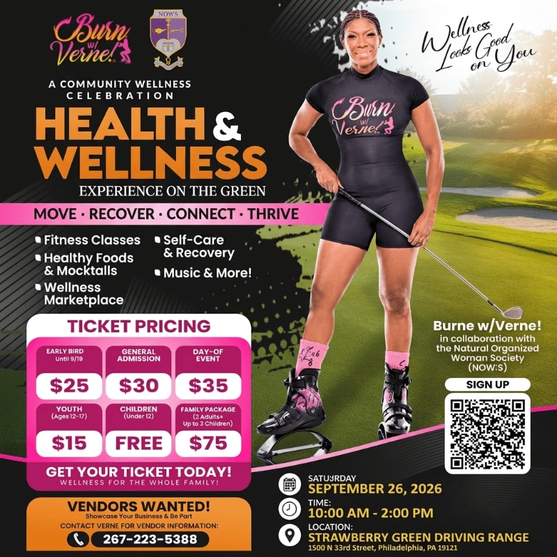 A woman in athletic wear stands on a golf course in the foreground, while the background displays event details for a health and wellness celebration.