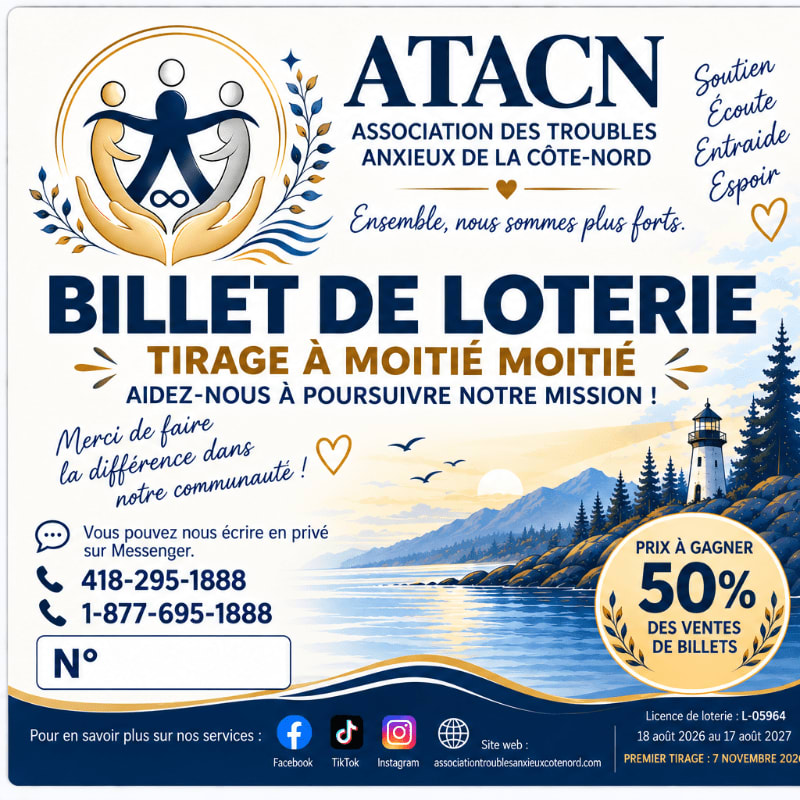 A lottery ticket advertisement for ATACN features a serene coastal background with a lighthouse and a calm sea, while the foreground displays the ticket details, contact information, and the organization's logo.