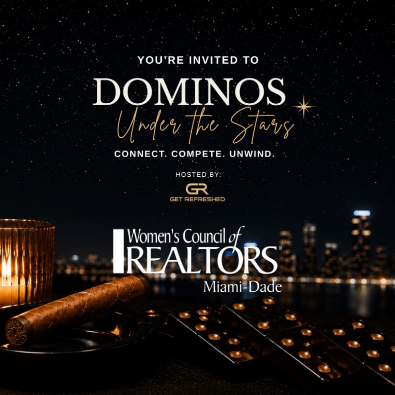 A cigar and dominoes rest on a table in the foreground, with a city skyline illuminated by stars in the background.
