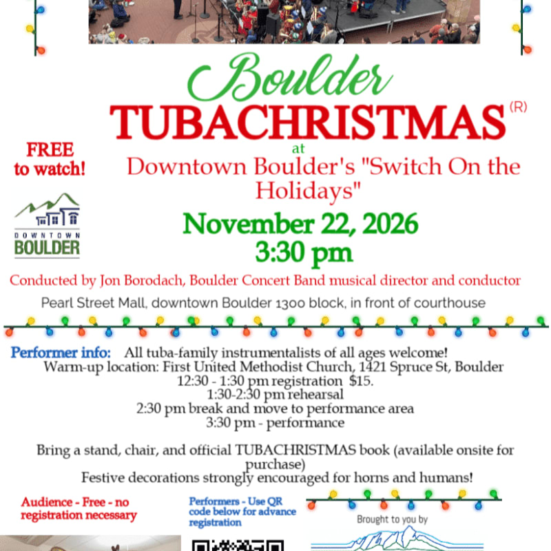 A flyer for Boulder TUBACHRISTMAS on November 22, 2026, features a colorful border of lights in the foreground and event details in the background.