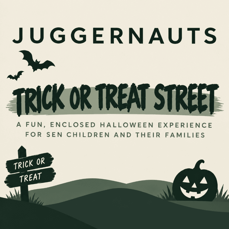 Two silhouetted bats fly above the words "TRICK OR TREAT STREET" in the foreground, while a jack-o'-lantern and a "TRICK OR TREAT" sign are set against rolling hills in the background.