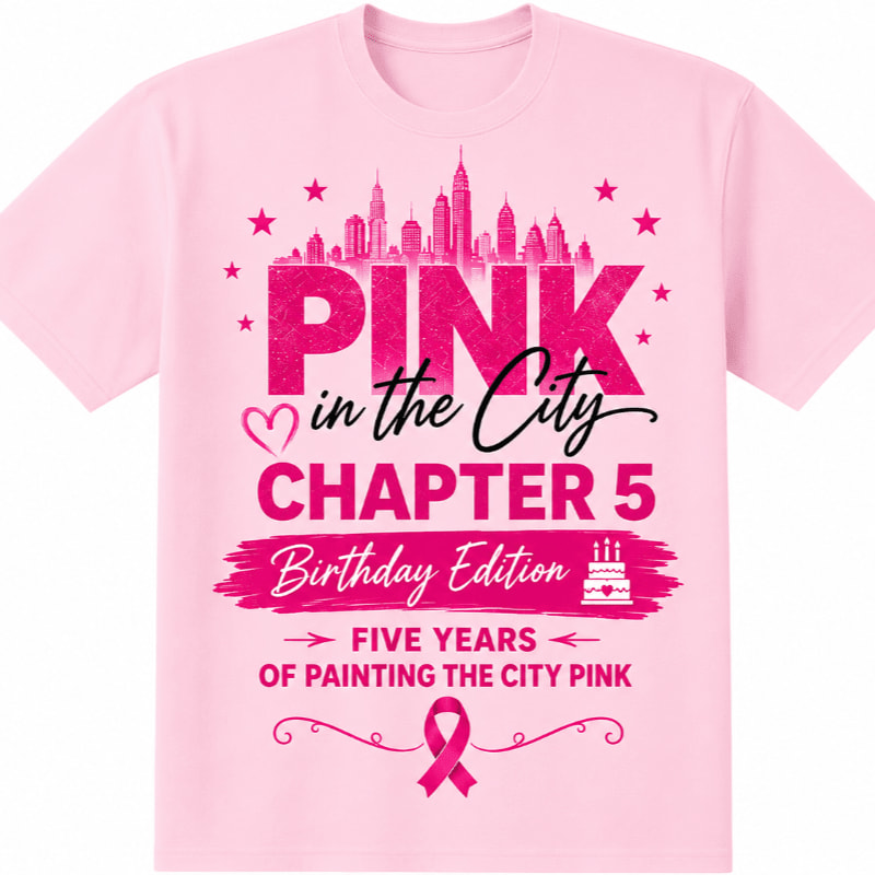 A pink t-shirt features a cityscape and stars in the background, with bold pink text announcing "PINK in the City CHAPTER 5 Birthday Edition" in the foreground.