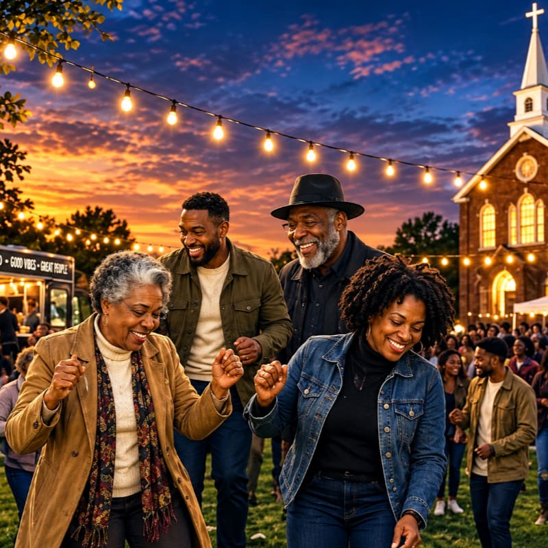 Four smiling people dance joyfully in the foreground under a string of lights, with a food truck and a church visible in the background against a vibrant sunset sky.