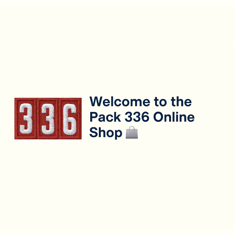 A red and white number sign displaying "336" is in the foreground, with text and a shopping bag icon on a light background in the background.