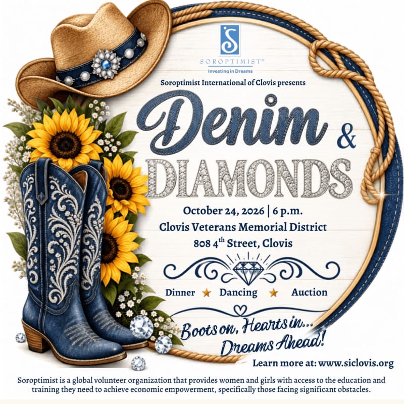 A cowboy hat and boots with sunflowers in the foreground are set against a circular background advertising a "Denim & Diamonds" event.