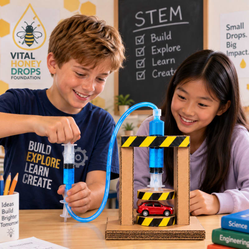Two smiling children in the foreground are conducting a STEM experiment with syringes and a hydraulic press, while a blackboard with "STEM" and educational slogans is visible in the background.