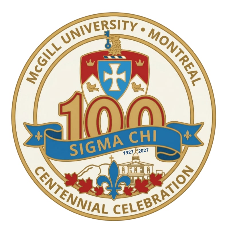 A circular emblem with a crest and the number 100 in the foreground, and a building with maple leaves in the background, all within a golden border.