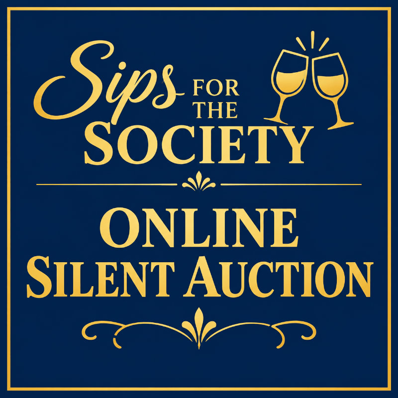 Golden text announcing an "ONLINE SILENT AUCTION" for "Sips for the Society" is set against a dark blue background, with two clinking champagne glasses in the upper right corner.