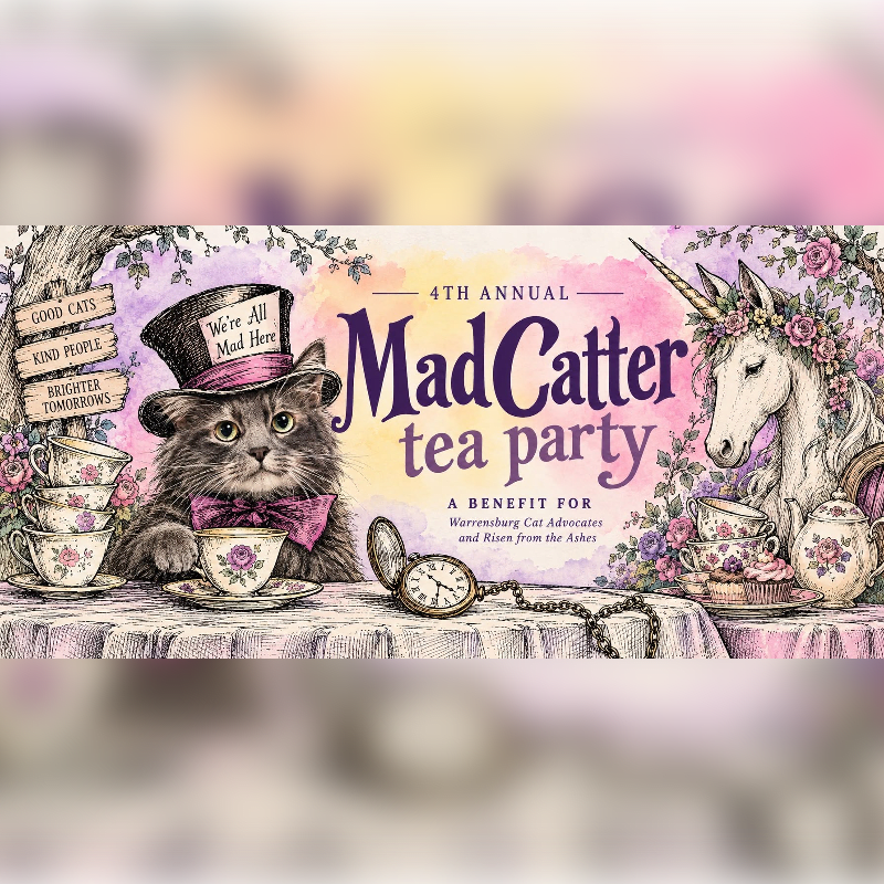A whimsical cat in a top hat and a unicorn adorned with flowers sit at a tea party table with teacups and a pocket watch, set against a soft, blurred background.