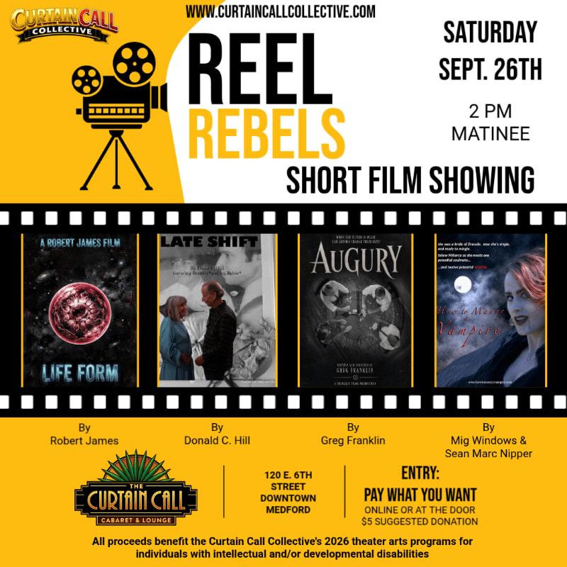 A film reel banner advertises the "Reel Rebels Short Film Showing" on Saturday, September 26th, at 2 PM, featuring four film posters in the foreground and event details in the background.