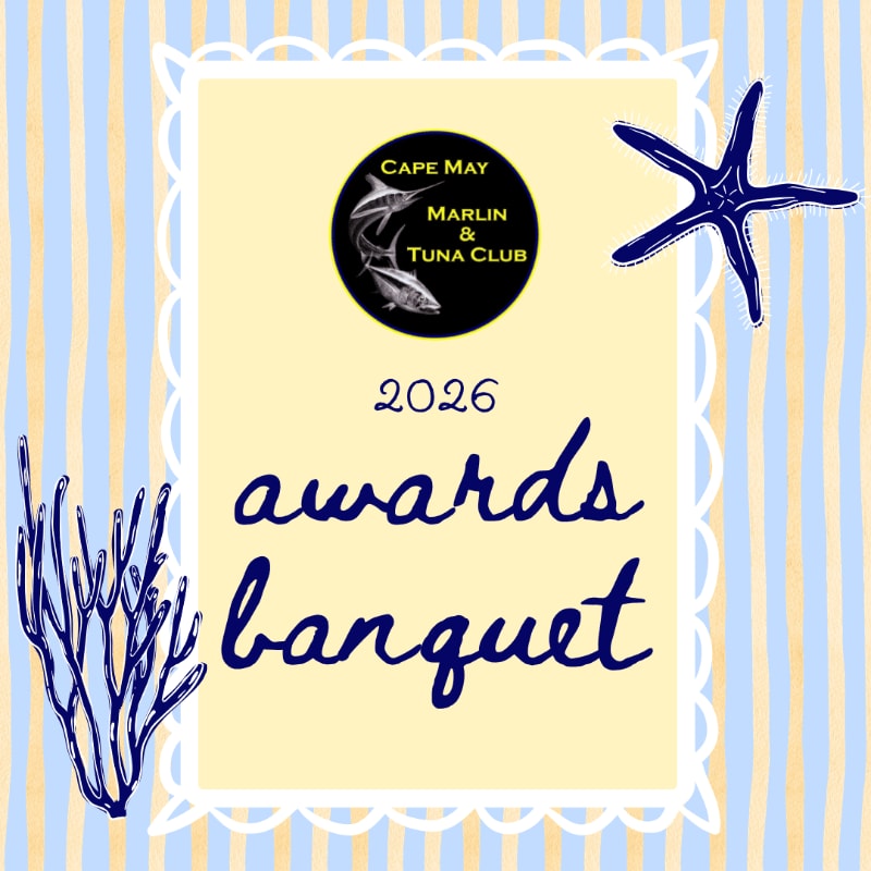 A yellow rectangle with "2026 awards banquet" and a club logo is surrounded by blue and tan stripes, with a blue starfish on the right and a blue coral branch on the left.