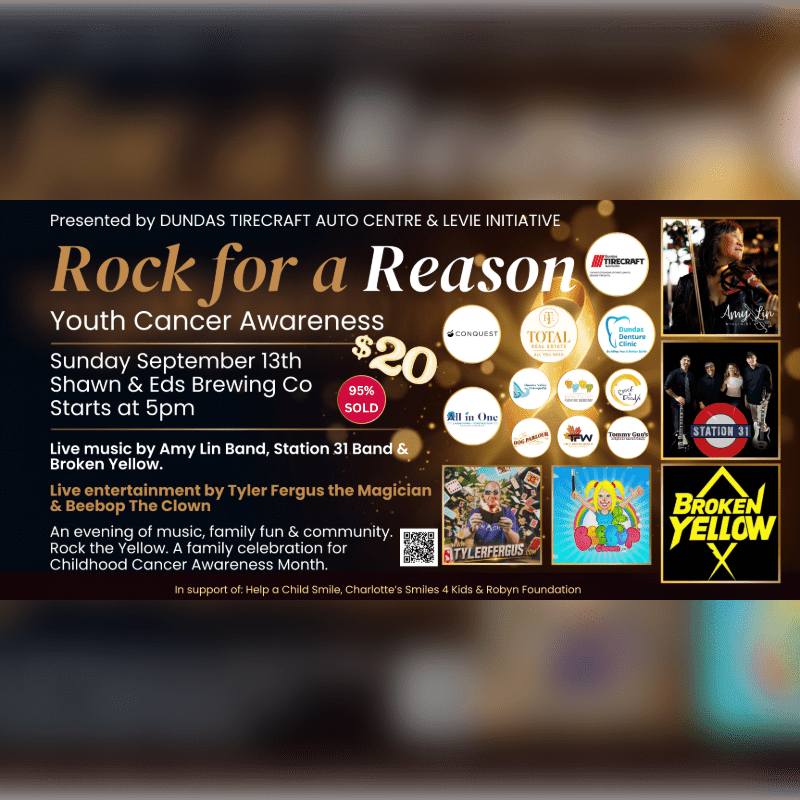 A poster for "Rock for a Reason" Youth Cancer Awareness event is displayed with event details in the foreground and various sponsor logos in the background.