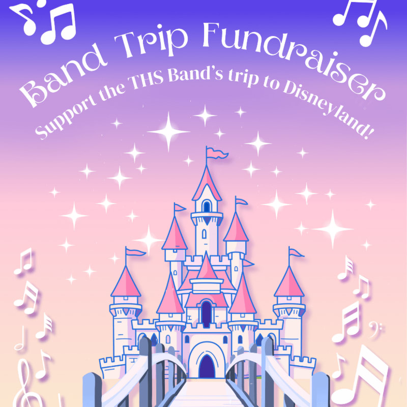 A cartoon castle with a bridge in the foreground is set against a gradient sky with musical notes and stars, advertising a band trip fundraiser.