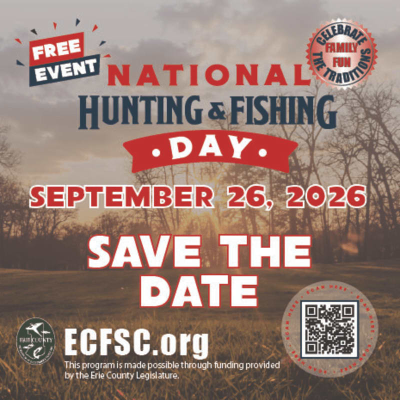 A promotional graphic for National Hunting & Fishing Day on September 26, 2026, features text overlaying a blurred background of trees and a field at sunset.