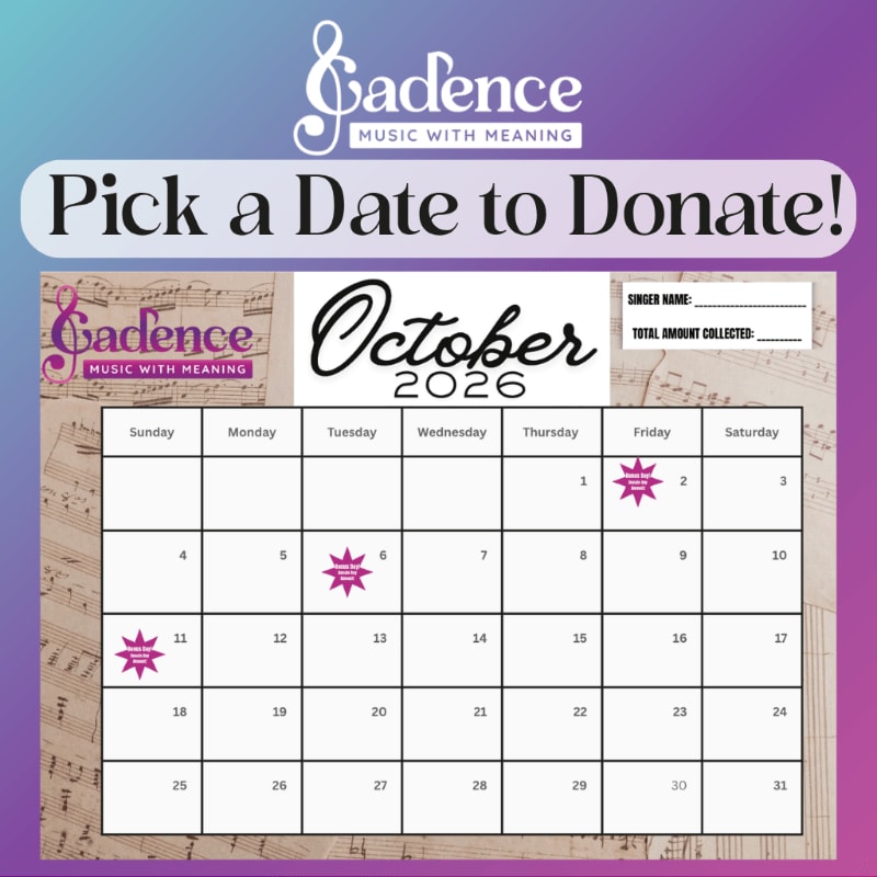 A calendar for October 2026 with highlighted dates for donations is overlaid on a background of musical notes.