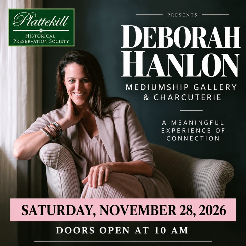 A smiling woman in the foreground is seated in a chair, with event details for "Deborah Hanlon: Mediumship Gallery & Charcuterie" presented in the background.
