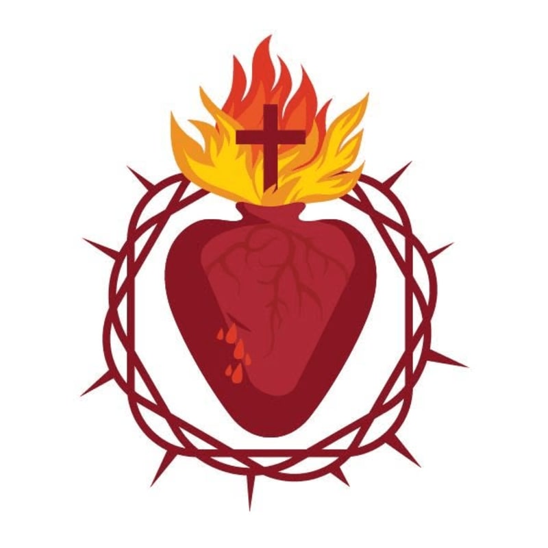 A flaming red heart with a cross on top is encircled by a crown of thorns against a white background.