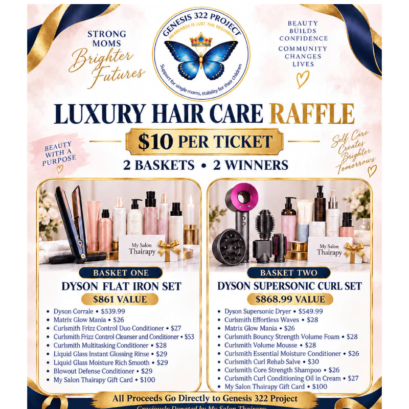 In the foreground, two baskets of luxury hair care products are displayed, while the background features a blue butterfly logo and inspirational text.