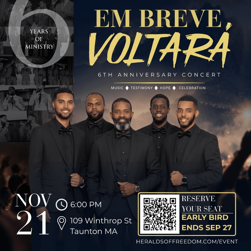 Five men in formal attire stand in the foreground against a dark background advertising a 6th anniversary concert.