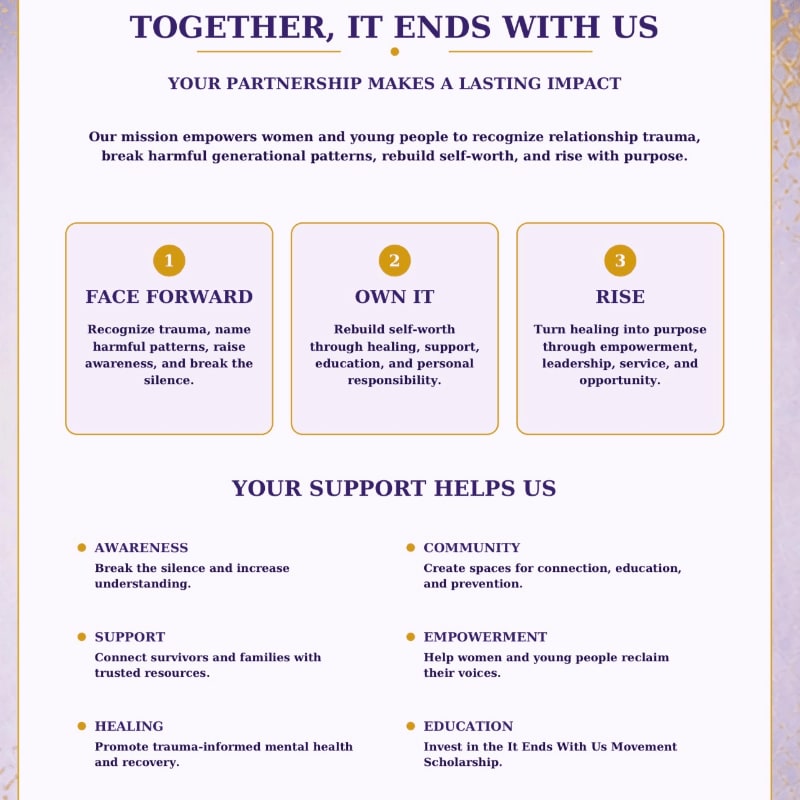 Three boxes outlining steps to overcome trauma are presented on a textured background with a title about partnership and impact.