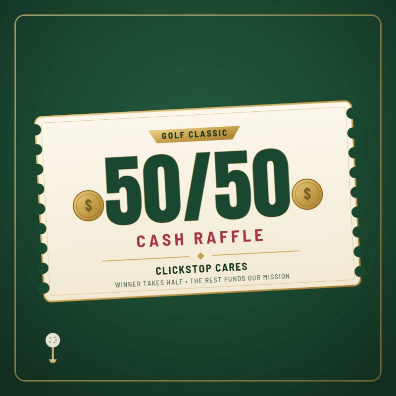 A cream-colored raffle ticket for a "50/50 Cash Raffle" at a "Golf Classic" is centered on a dark green background with a subtle textured pattern and a thin gold border.