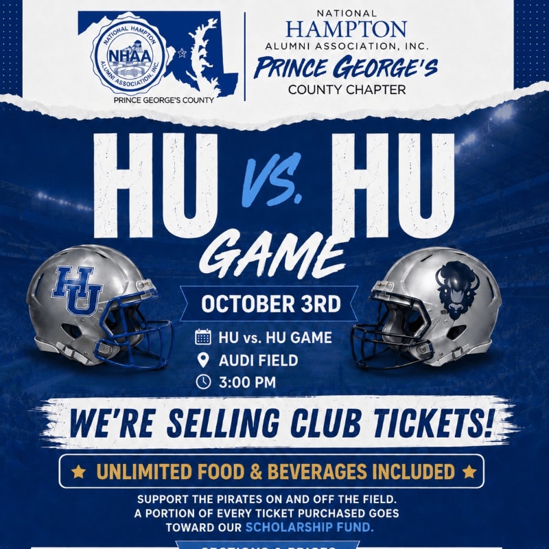 Two football helmets, one blue with "HU" and the other silver with a buffalo logo, are displayed in the foreground against a background of stadium lights and text announcing an "HU vs. HU GAME" on October 3rd.