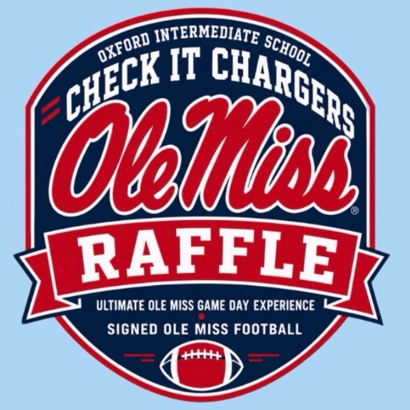 A red, white, and blue oval emblem with "Ole Miss Raffle" prominently displayed in the foreground is set against a light blue background.