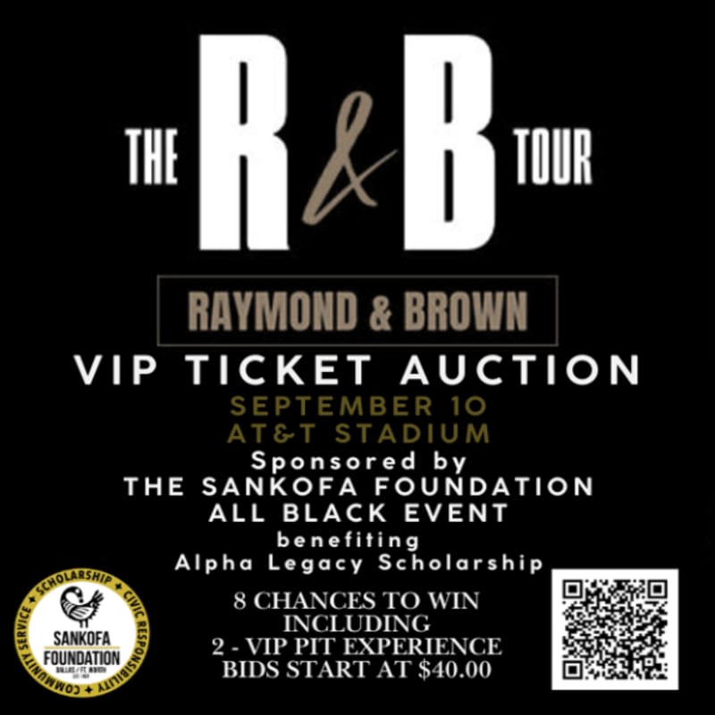 A black background features white text advertising an R&B tour VIP ticket auction for Raymond & Brown, with a QR code and Sankofa Foundation logo in the foreground.