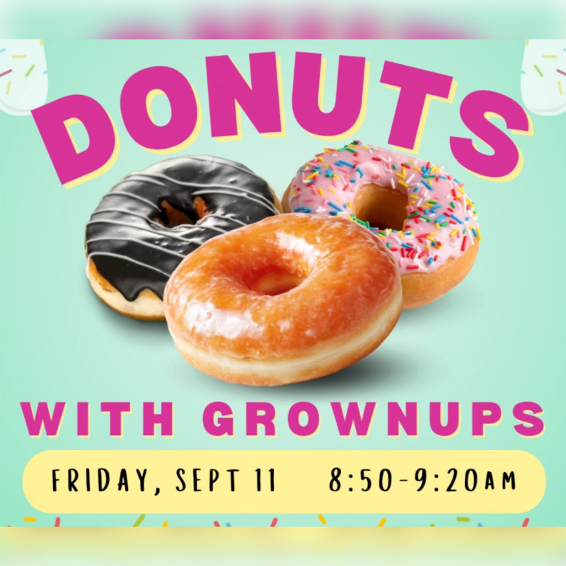 Three colorful donuts sit in the foreground against a mint green background with sprinkles and the words "DONUTS WITH GROWNUPS" and event details.