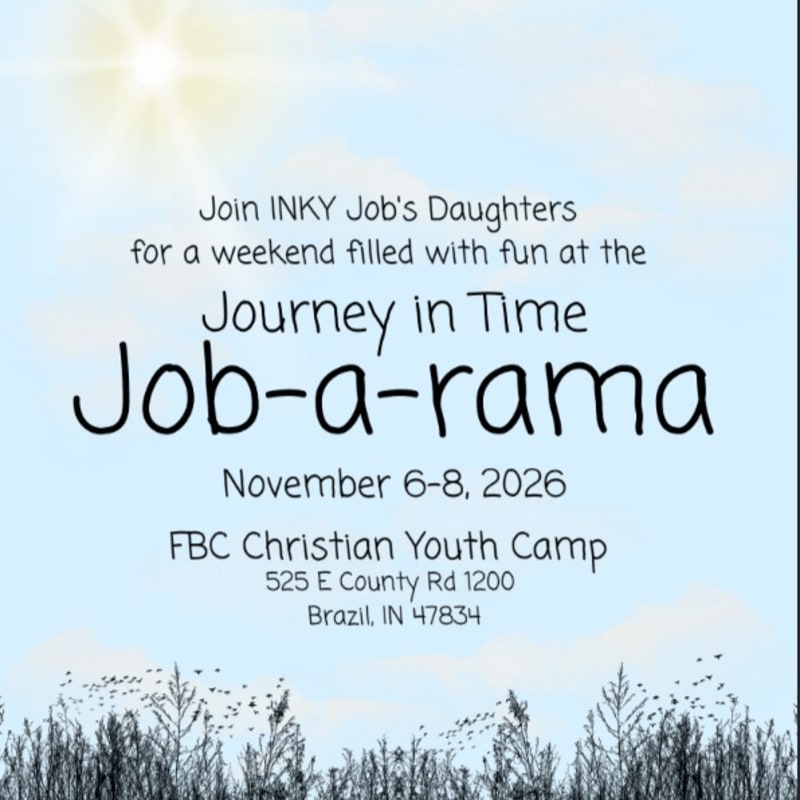 A bright sun shines in the sky above a silhouette of trees and birds, with text announcing a "Job-a-rama" event.