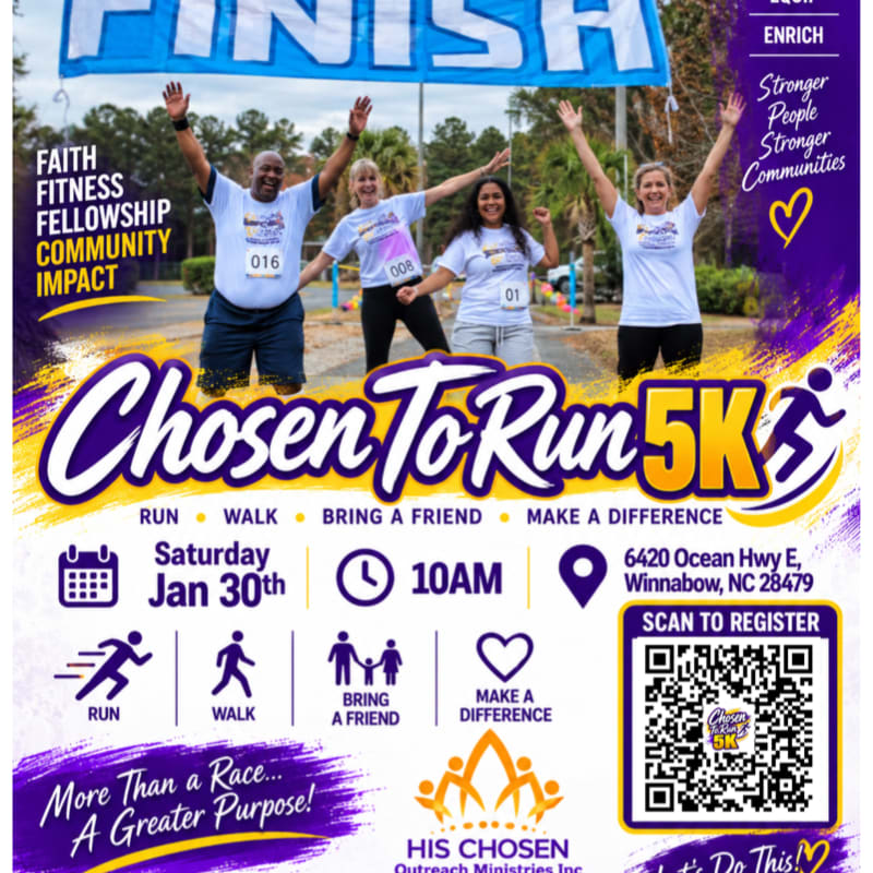 Four smiling runners cross a finish line in the foreground, with a poster advertising a "Chosen To Run 5K" event in the background.