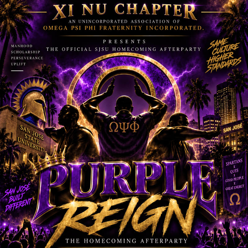 Silhouetted figures with arms raised in celebration stand before a vibrant purple and gold "Purple Reign" title, with the San Jose State University logo and cityscape forming the background.