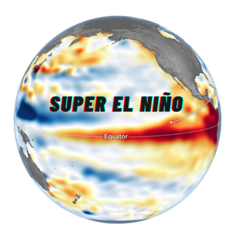 A globe displays a "SUPER EL NIÑO" overlaying a map of the Pacific Ocean, with warm red and orange hues indicating elevated sea surface temperatures along the equator in the foreground, set against a backdrop of the Earth's continents.