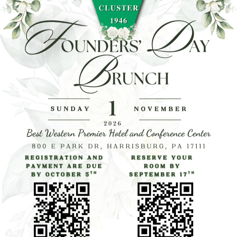 A "Founders' Day Brunch" invitation for November 1, 2026, at the Best Western Premier Hotel and Conference Center in Harrisburg, PA, is displayed with floral accents in the background and QR codes in the foreground.