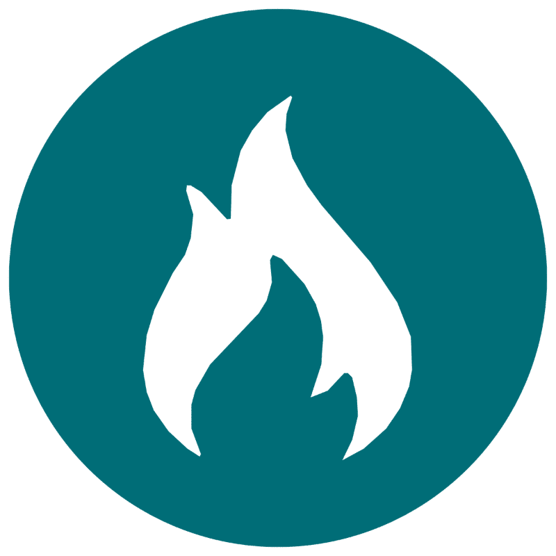 A white stylized flame is centered within a teal circle.