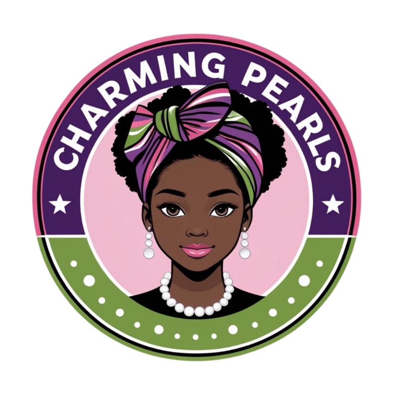 A young Black woman with a colorful headwrap and pearl jewelry is centered within a circular logo that reads "CHARMING PEARLS" in the background.