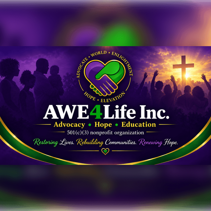 Silhouetted figures with raised hands stand before a glowing cross in the background, while the foreground displays the AWE4Life Inc. logo with its tagline.