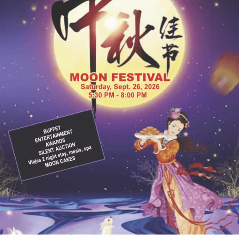 A woman in traditional dress holds a moon cake in the foreground, with a large full moon and Chinese characters for "Moon Festival" in the background.