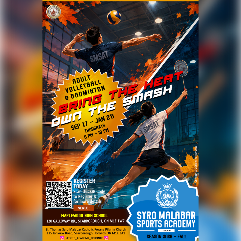 In the foreground, two athletes are captured mid-action playing volleyball and badminton, while the background features a gymnasium setting with autumn leaves and event details.